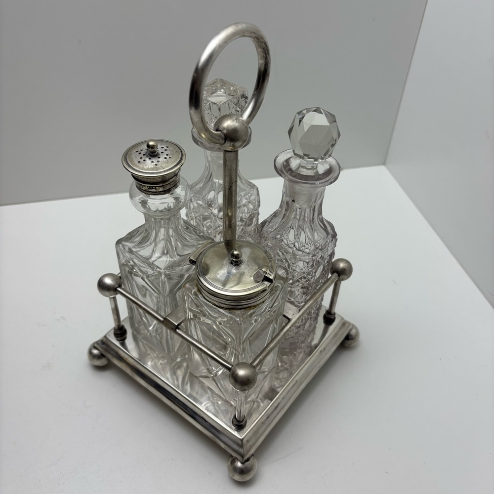 Antique Barker Bros mix and match silver plated and cut glass cruet set